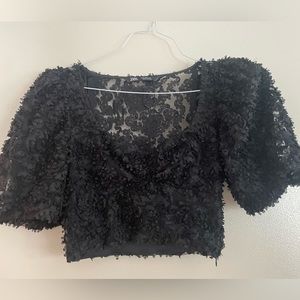 Zara Appliqué Flower Crop Top with Puff Sleeves in Black Size Small